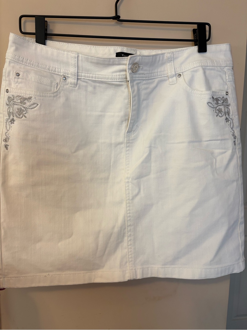 White House Black Market White Denim Mini Skirt with Silver Embroidery